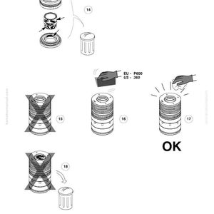 Op de afbeelding: Technische tekening die de montage en inspectie van een mechanisch onderdeel toont. De afbeelding bevat explosietekeningen, diagrammen en het woord "OK". Afmetingen worden weergegeven in EU- en US-eenheden.