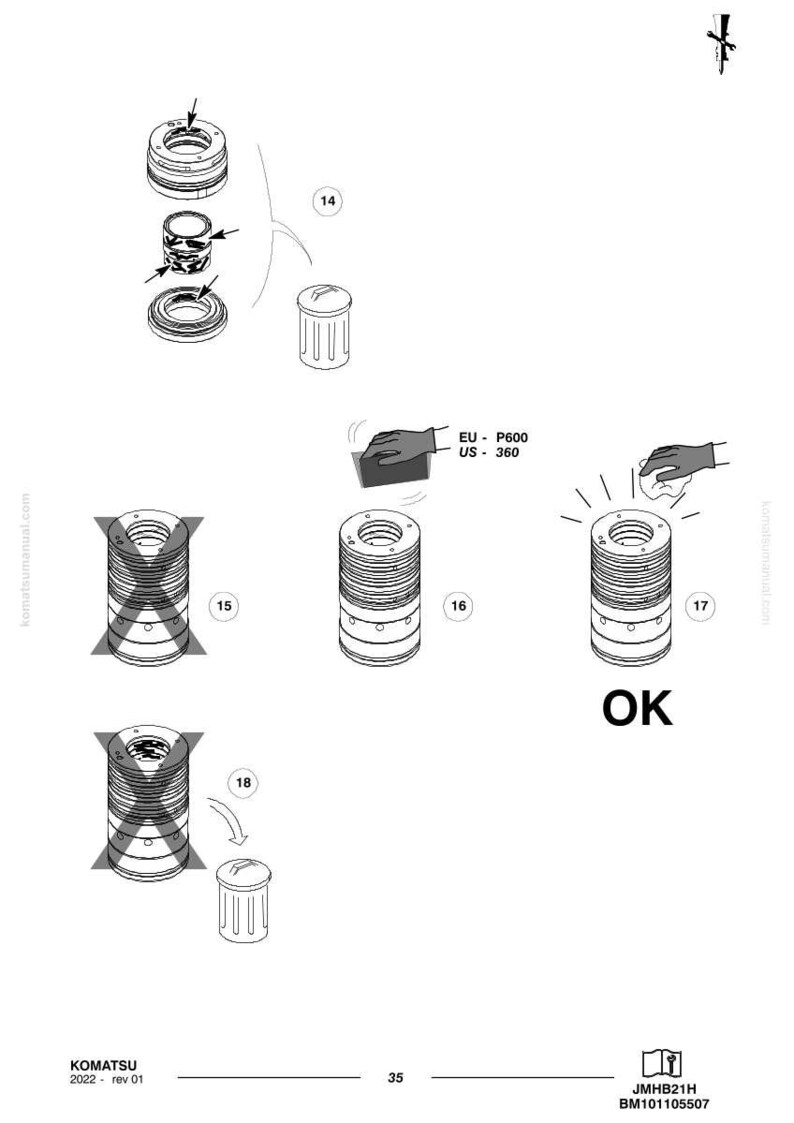 Op de afbeelding: Technische tekening die de montage en inspectie van een mechanisch onderdeel toont. De afbeelding bevat explosietekeningen, diagrammen en het woord "OK". Afmetingen worden weergegeven in EU- en US-eenheden.