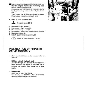 K&ouml;nnte beinhalten: Eine Seite aus einem Handbuch, die den Aus- und Einbau einer Ripper-Hi-Ventilbaugruppe detailliert. Der Text enth&auml;lt Anweisungen, Diagramme und Spezifikationen, wie z. B. die Hydrauliktankkapazit&auml;t von 340 Litern und das Ventilbaugewicht von 95 kg.
