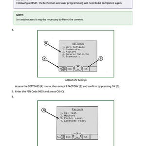 May include: Diagram illustrating the Pilot Console Reset process. The image shows a series of steps with screen captures, arrows, and text instructions. The text includes "SETTINGS" and "FACTORY" options, with instructions to enter a PIN code.