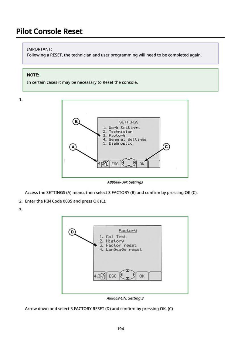 May include: Diagram illustrating the Pilot Console Reset process. The image shows a series of steps with screen captures, arrows, and text instructions. The text includes "SETTINGS" and "FACTORY" options, with instructions to enter a PIN code.