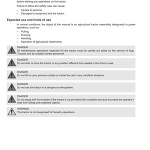 May include: A page from a tractor manual with the Argo Tractors logo. The text includes safety instructions, warnings, and technical notes about the tractor's use and limitations. The manual is labeled "Serie 6 Robo-Six P/N 6723716A2 - EDITION 07-2024."