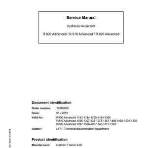 May include: A white service manual for a hydraulic excavator, with the text "Service Manual" and model numbers R 906, R 916, and R 926 Advanced. Includes document and product identification details.