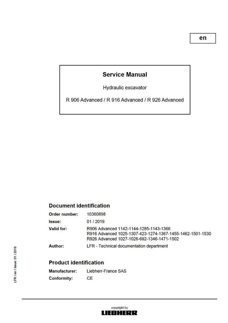 May include: A white service manual for a hydraulic excavator, with the text "Service Manual" and model numbers R 906, R 916, and R 926 Advanced. Includes document and product identification details.