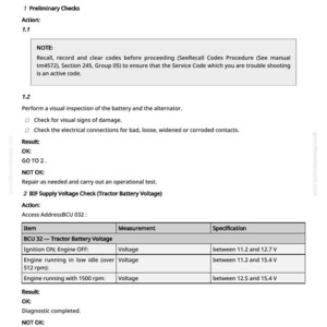 May include: A page from a manual with the title "BIF 047 - System Voltage Too High (Engine Running)". The text includes instructions for checking the tractor battery voltage, with voltage specifications between 11.2 and 15.4 V.