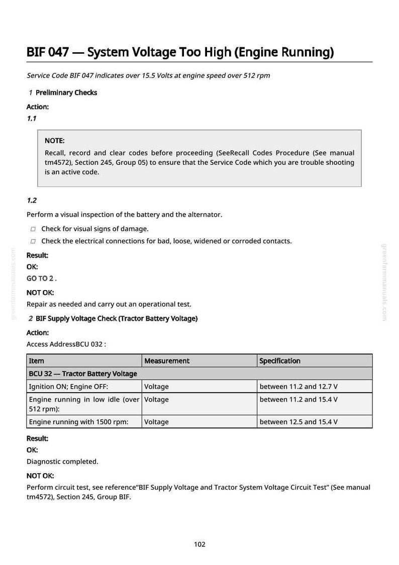 May include: A page from a manual with the title "BIF 047 - System Voltage Too High (Engine Running)". The text includes instructions for checking the tractor battery voltage, with voltage specifications between 11.2 and 15.4 V.