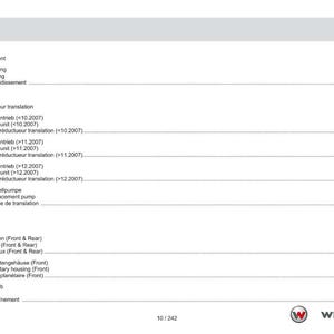May include: A page from a technical manual with a table of contents in German, English, and French. The document lists sections on cooling, drive units, and axles, with page numbers. The Weidemann logo is at the bottom.