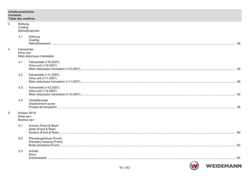 May include: A page from a technical manual with a table of contents in German, English, and French. The document lists sections on cooling, drive units, and axles, with page numbers. The Weidemann logo is at the bottom.