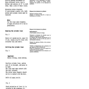 May include: Technical diagram with instructions for replacing cylinder liners. Includes figures and detailed steps for checking, removing, and refitting the liners. Text in English and French.