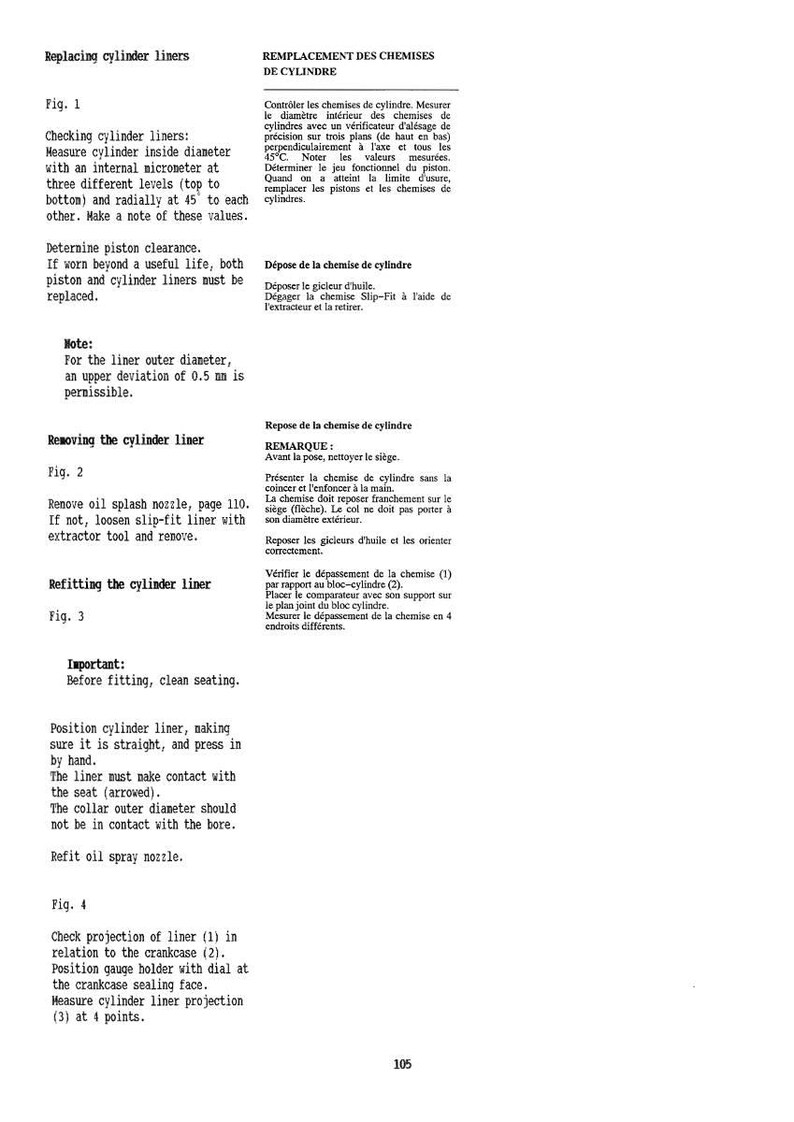 May include: Technical diagram with instructions for replacing cylinder liners. Includes figures and detailed steps for checking, removing, and refitting the liners. Text in English and French.