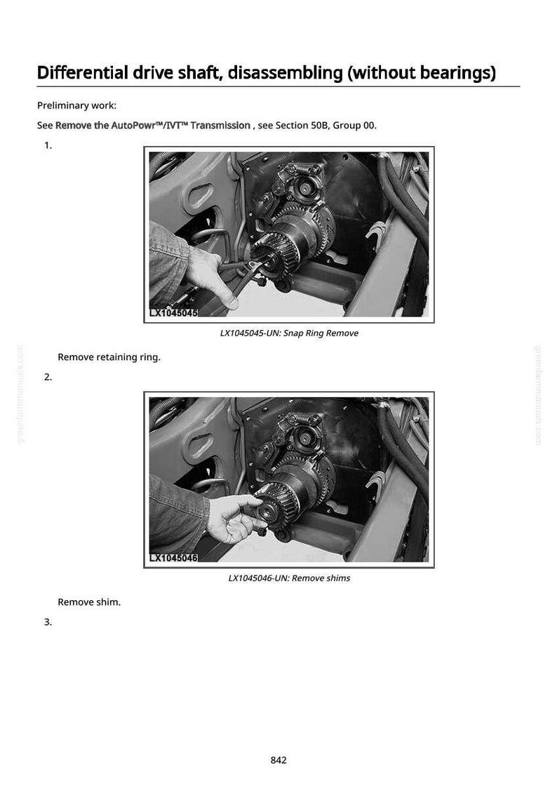 May include: Diagram illustrating the disassembly of a differential drive shaft without bearings. The image shows close-up views of the process, including removing a snap ring and shims. Text labels and part numbers are included.