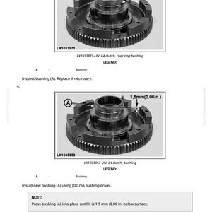 Op de afbeelding: Twee gedetailleerde diagrammen van een mechanisch onderdeel, waarschijnlijk onderdeel van een voertuigtransmissie. De afbeeldingen tonen een cirkelvormige tandwielconstructie met een centraal cilindrisch onderdeel. Tekst bevat onderdeelnummers, instructies en een meting van 1,5 mm.