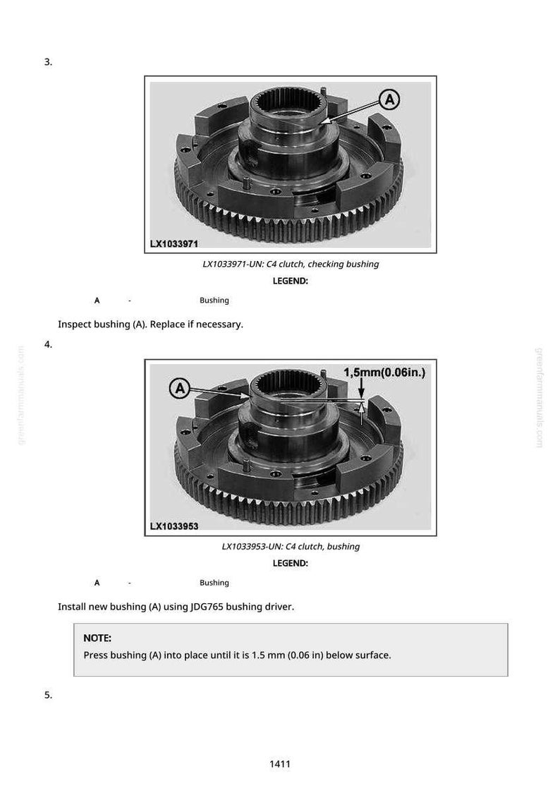 Op de afbeelding: Twee gedetailleerde diagrammen van een mechanisch onderdeel, waarschijnlijk onderdeel van een voertuigtransmissie. De afbeeldingen tonen een cirkelvormige tandwielconstructie met een centraal cilindrisch onderdeel. Tekst bevat onderdeelnummers, instructies en een meting van 1,5 mm.