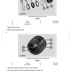 May include: Diagram showing automotive components such as piston seals and O-rings, with labels and a legend for identification. The image includes instructions for replacing seals and guide bushings. Measurements are in cm.