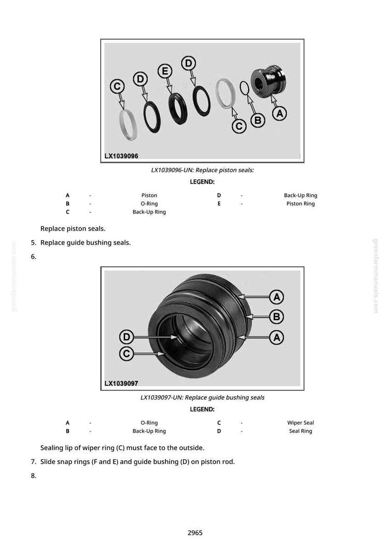 May include: Diagram showing automotive components such as piston seals and O-rings, with labels and a legend for identification. The image includes instructions for replacing seals and guide bushings. Measurements are in cm.