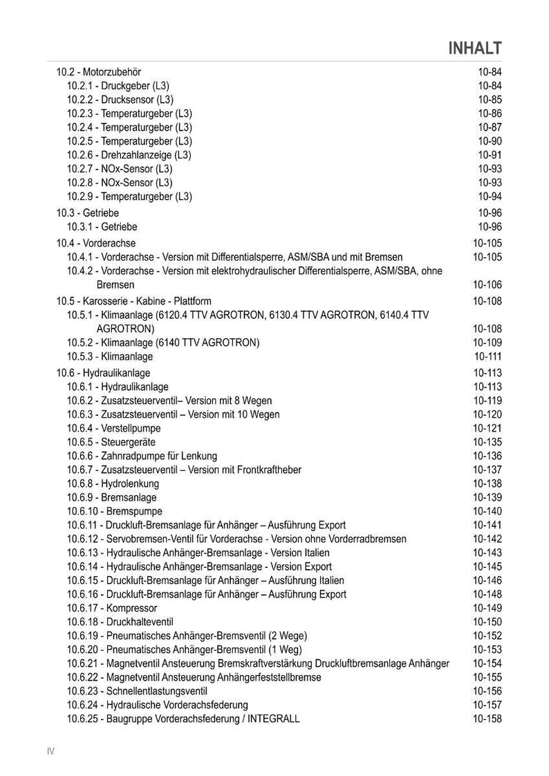 Pode incluir: P&aacute;gina de um manual t&eacute;cnico em alem&atilde;o, intitulada "INHALT" (Conte&uacute;do). Apresenta uma lista de componentes t&eacute;cnicos com os seus n&uacute;meros de p&aacute;gina.