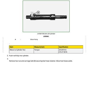 May include: Diagram showing a hydraulic cylinder and hose assembly for a mid-mount mower lift. The image includes a detailed view of the elbow fitting and torque specifications, ranging from 20 to 28 N&middot;m.