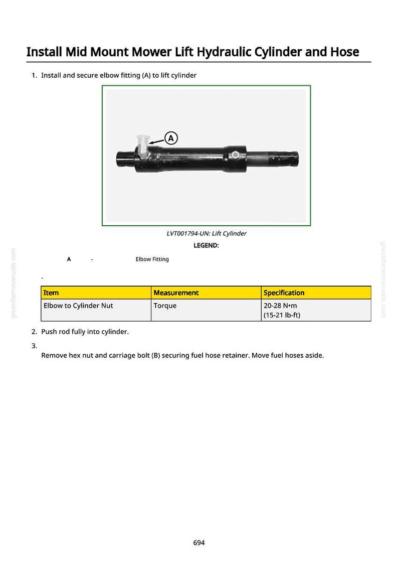 May include: Diagram showing a hydraulic cylinder and hose assembly for a mid-mount mower lift. The image includes a detailed view of the elbow fitting and torque specifications, ranging from 20 to 28 N&middot;m.