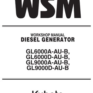 Puede incluir: Un documento blanco con texto negro. El texto dice "WSM WORKSHOP MANUAL DIESEL GENERATOR" seguido de n&uacute;meros de modelo. El logotipo de Kubota est&aacute; en la parte inferior.