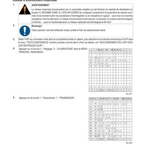 May include: A technical diagram with French text detailing electronic diagnostics and settings for a tractor. The document includes warnings, notes, and instructions for calibration and transmission settings. It features diagrams and menu options.