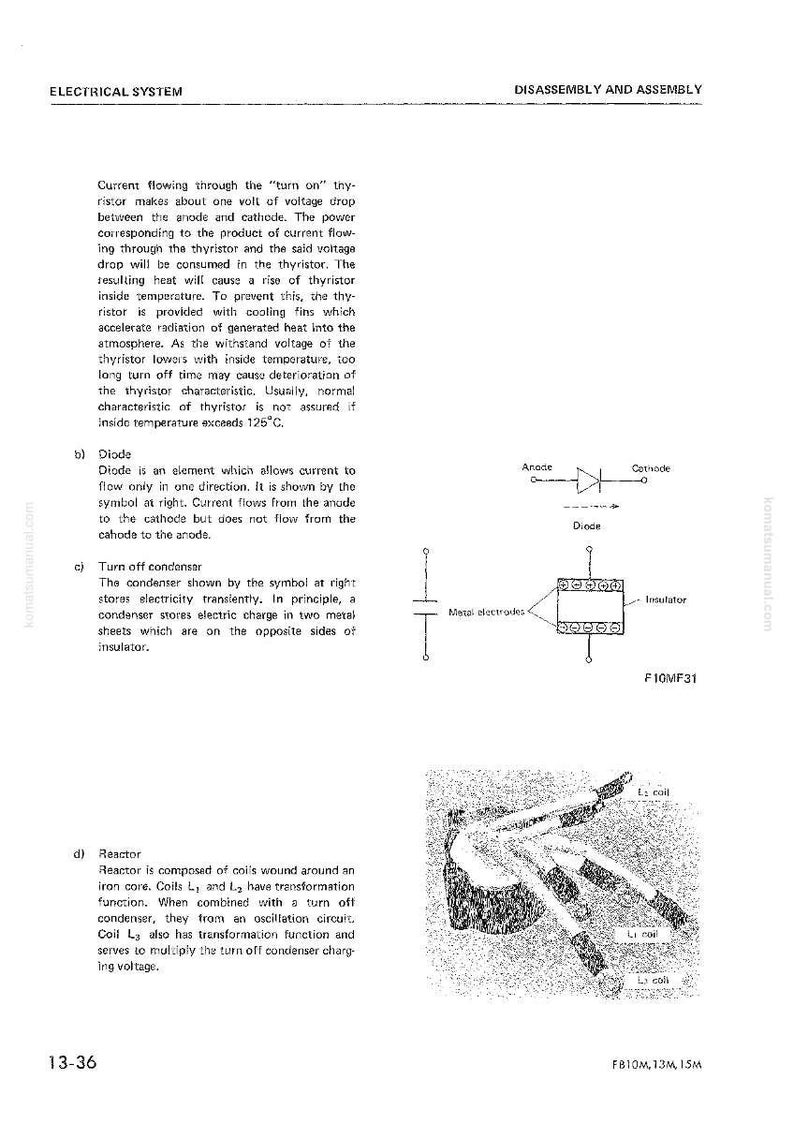 May include: Diagram of an electrical system with labels and illustrations. Includes a diode symbol, a condenser diagram, and a reactor coil illustration. Text explains the function of each component, with the title "Electrical System".