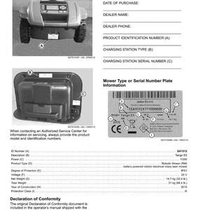 May include: A product identification guide with a robotic lawn mower image and a serial number plate. The guide includes spaces to record information such as the product identification number, charging station type, and serial number.