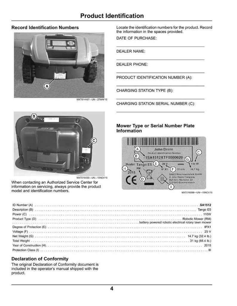May include: A product identification guide with a robotic lawn mower image and a serial number plate. The guide includes spaces to record information such as the product identification number, charging station type, and serial number.