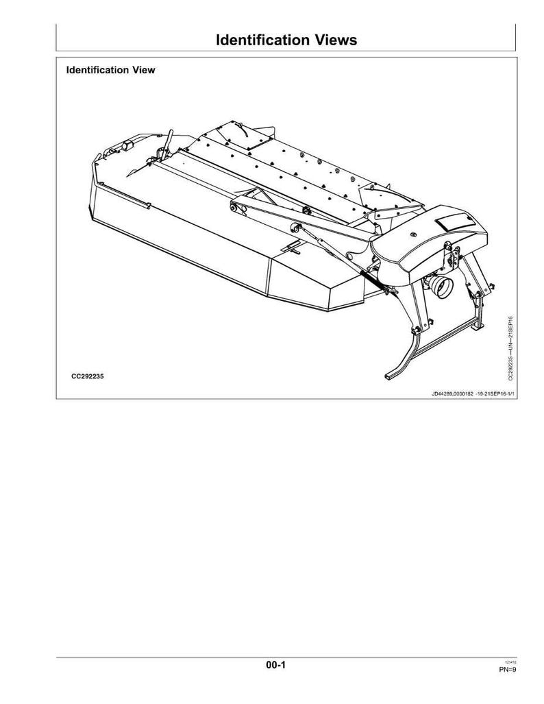 May include: Line drawing of a mechanical component, likely for agricultural use. The image is labeled "Identification Views" and "Identification View." The component is rectangular with various attached parts and support structures. The drawing is in black and white.