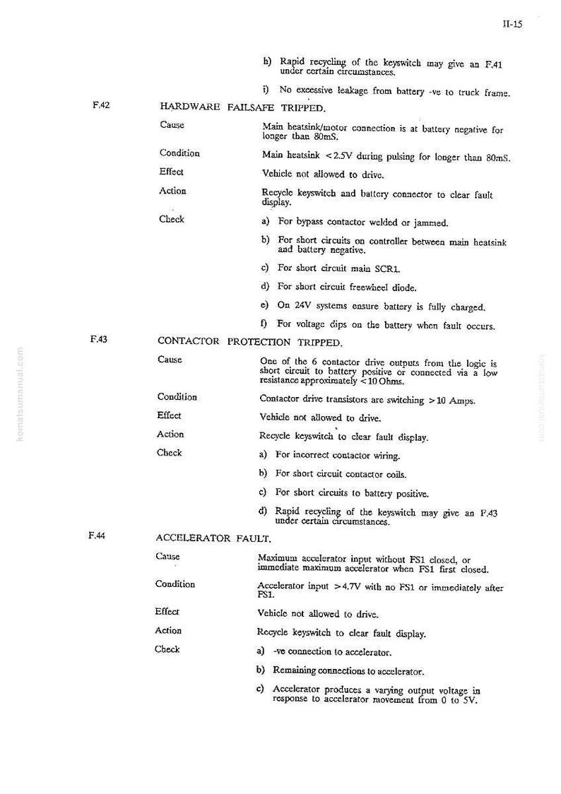 May include: A page from a manual with technical information. The text includes details on hardware failsafe, contactor protection, and accelerator fault diagnostics. The document is printed on white paper with black text.