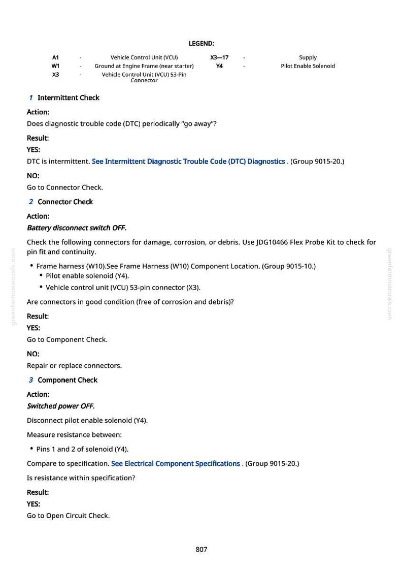 May include: A white page with black text detailing automotive diagnostic procedures. The text includes instructions for intermittent checks, connector checks, and component checks, with references to specific components and specifications.