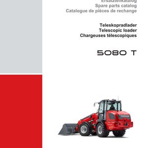 May include: A red and gray Weidemann 5080 T telescopic loader, with a black bucket, is featured on a white background. The image includes the Weidemann logo and text in multiple languages, including "Spare parts catalog."