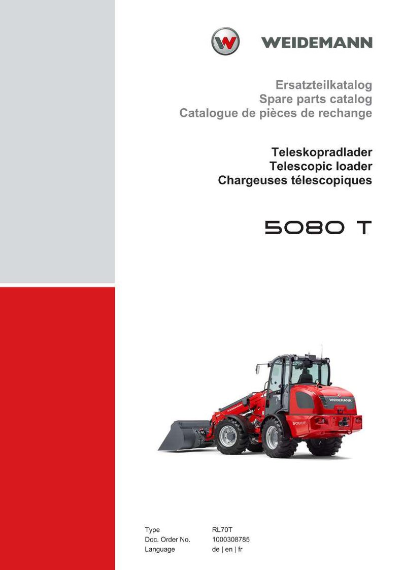 May include: A red and gray Weidemann 5080 T telescopic loader, with a black bucket, is featured on a white background. The image includes the Weidemann logo and text in multiple languages, including "Spare parts catalog."