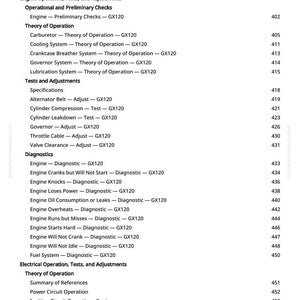 May include: A white printed page with a detailed table of contents for engine operation, tests, and adjustments. The text includes sections on preliminary checks, theory of operation, tests, adjustments, and diagnostics.
