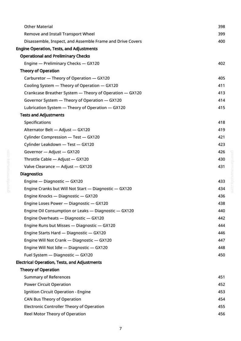 May include: A white printed page with a detailed table of contents for engine operation, tests, and adjustments. The text includes sections on preliminary checks, theory of operation, tests, adjustments, and diagnostics.
