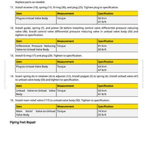 May include: A page from a repair manual detailing piping port repair procedures. The text provides instructions for installing components like strainers and valves, with torque specifications in N-m and lb-ft. Includes a warning about O-rings.