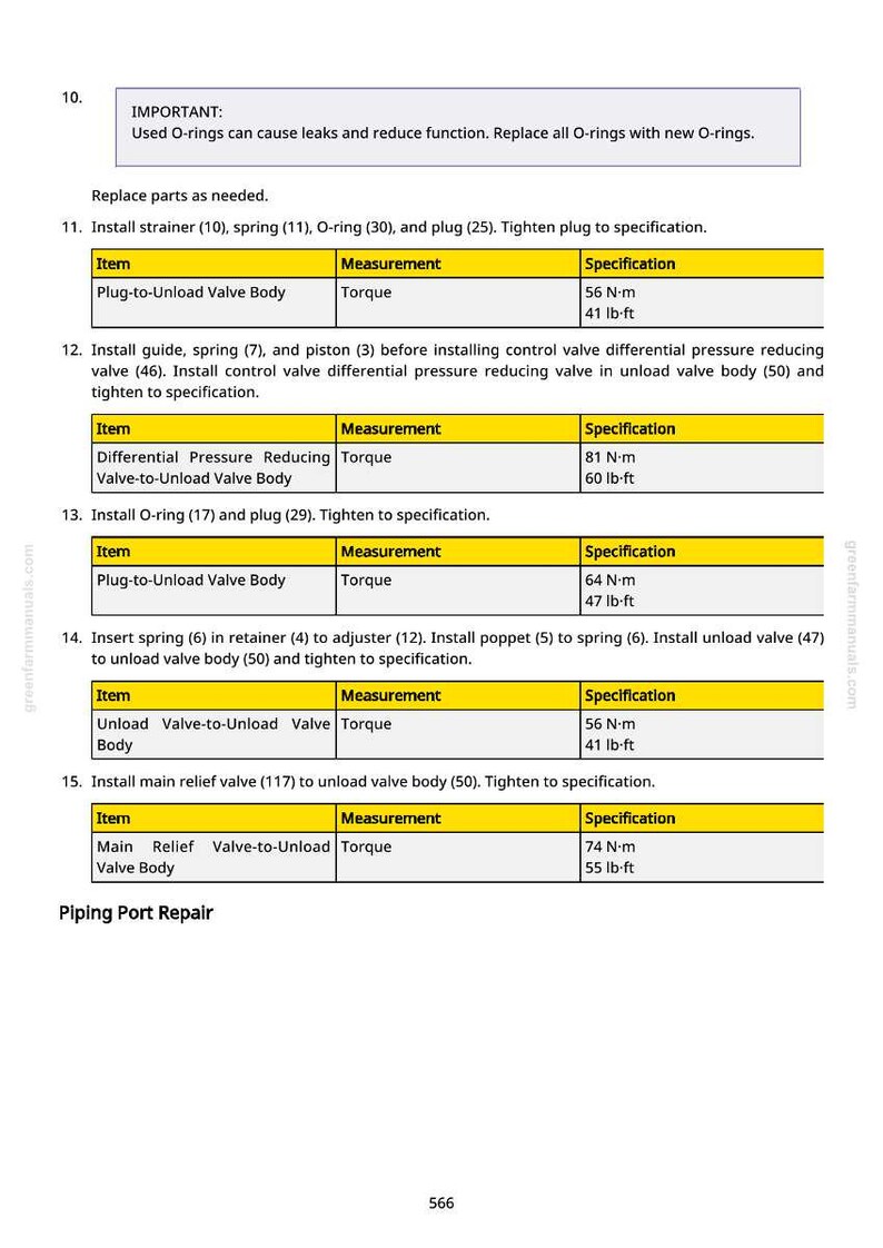 May include: A page from a repair manual detailing piping port repair procedures. The text provides instructions for installing components like strainers and valves, with torque specifications in N-m and lb-ft. Includes a warning about O-rings.