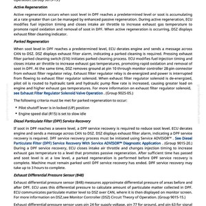 May include: A page from a manual detailing diesel particulate filter (DPF) service recovery, active and parked regeneration processes. Includes information on exhaust differential pressure sensor and exhaust temperature sensor.