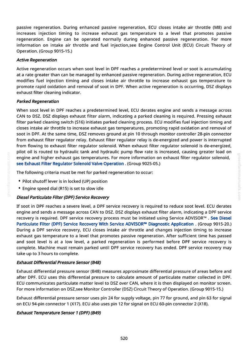May include: A page from a manual detailing diesel particulate filter (DPF) service recovery, active and parked regeneration processes. Includes information on exhaust differential pressure sensor and exhaust temperature sensor.