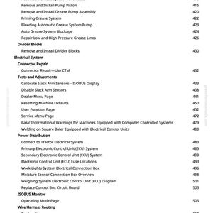 May include: A page from a manual with a table of contents. The headings include "Diagnosing Malfunctions", "Auto Grease Repair", "Electrical System", and "Power Distribution". Page numbers are listed on the right.