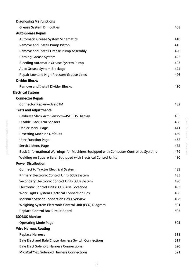 May include: A page from a manual with a table of contents. The headings include "Diagnosing Malfunctions", "Auto Grease Repair", "Electrical System", and "Power Distribution". Page numbers are listed on the right.