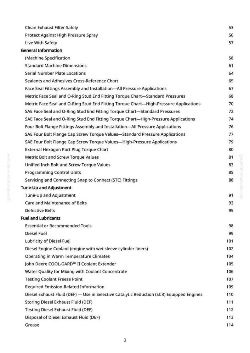 Pu&ograve; includere: Una pagina di manuale con un sommario. Gli argomenti includono sicurezza, informazioni generali, specifiche della macchina e carburanti e lubrificanti. Il numero di pagina &egrave; 3.