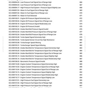 May include: A page from a manual with a list of ECU diagnostic codes. The codes include engine oil pressure, fuel signal, and temperature readings. The page also lists the temperature in degrees Celsius.