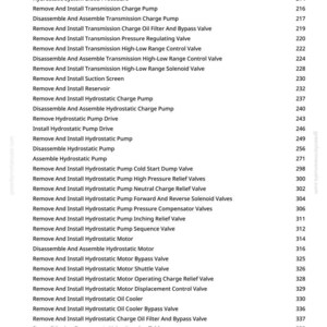 May include: A detailed contents page from a repair manual, listing service equipment, procedures, and components for hydrostatic systems. Includes sections on pumps, valves, and motors, with page numbers.