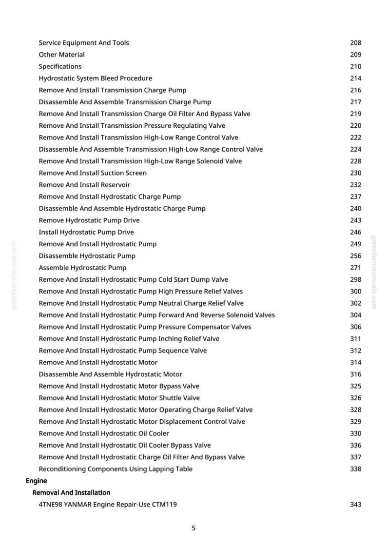 May include: A detailed contents page from a repair manual, listing service equipment, procedures, and components for hydrostatic systems. Includes sections on pumps, valves, and motors, with page numbers.