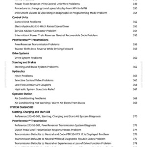 Puede incluir: Una p&aacute;gina de manual con una lista de problemas de diagn&oacute;stico de tractores. El texto incluye categor&iacute;as como "Problemas del conector", "Transmisiones PowrReverser" y "Diagn&oacute;stico del sistema", con n&uacute;meros de p&aacute;gina.