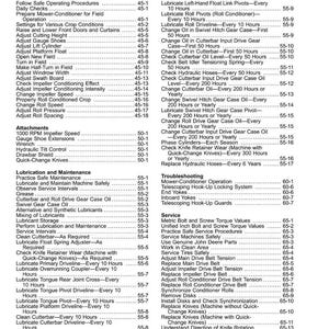 May include: A detailed table of contents from a manual, listing procedures for machinery maintenance and operation. Sections include lubrication, service intervals, and troubleshooting, with page numbers for quick reference.