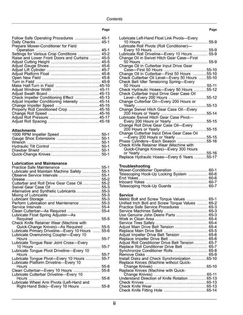 May include: A detailed table of contents from a manual, listing procedures for machinery maintenance and operation. Sections include lubrication, service intervals, and troubleshooting, with page numbers for quick reference.