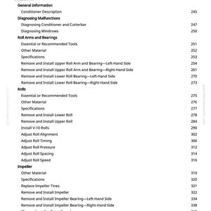 Puede incluir: P&aacute;gina de un manual con fondo blanco, con un &iacute;ndice. El texto incluye secciones sobre acondicionadores, brazos de rodillos, rodamientos, rodillos e impulsores, con n&uacute;meros de p&aacute;gina a la derecha.