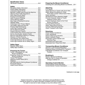May include: A page from a manual titled "Contents" with a table of contents for a 388 Mower-Conditioner. The table lists safety instructions, attaching and detaching procedures, and operating instructions. The document is copyrighted by Deere & Company.