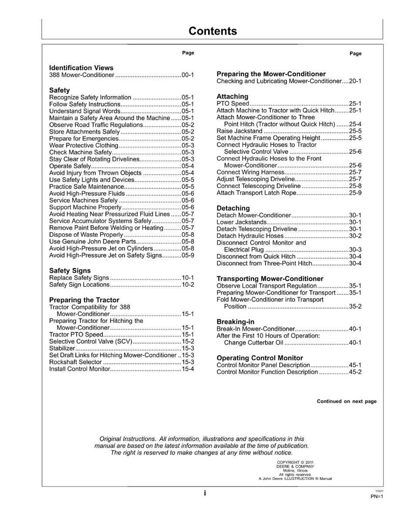 May include: A page from a manual titled "Contents" with a table of contents for a 388 Mower-Conditioner. The table lists safety instructions, attaching and detaching procedures, and operating instructions. The document is copyrighted by Deere & Company.